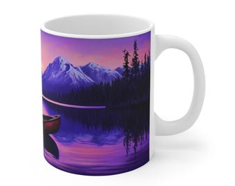 Purple Mountain Lake Mug – Canoe Sunset, Scenic Coffee Cup