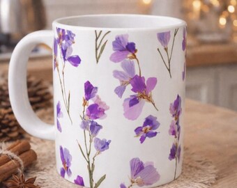 Watercolor Purple Wildflower Mug | 11 oz White Ceramic Coffee Mug | Floral Cottage| Nature