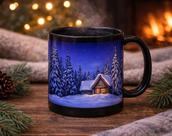 Cozy Winter Mug | Snowy Forest Night Coffee Cup | Rustic Log Cabin Art | Gift