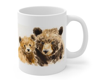 Mama Bear and Cub Coffee Mug – Watercolor Woodland Animal Art