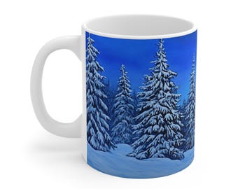 Winter Forest Coffee Mug, Snowy Pine Trees, Nature Lover Gift