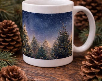 Cozy Winter Mug with Evergreen Trees & Twinkle Lights | Forest Night Coffee Cup | Gift