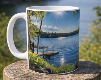 Sunlit Lake Dock Mug | Scenic Lakeview Coffee Cup