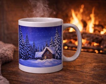 Cozy Winter Mug | Snowy Forest Night Coffee Cup | Rustic Log Cabin Art | Gift