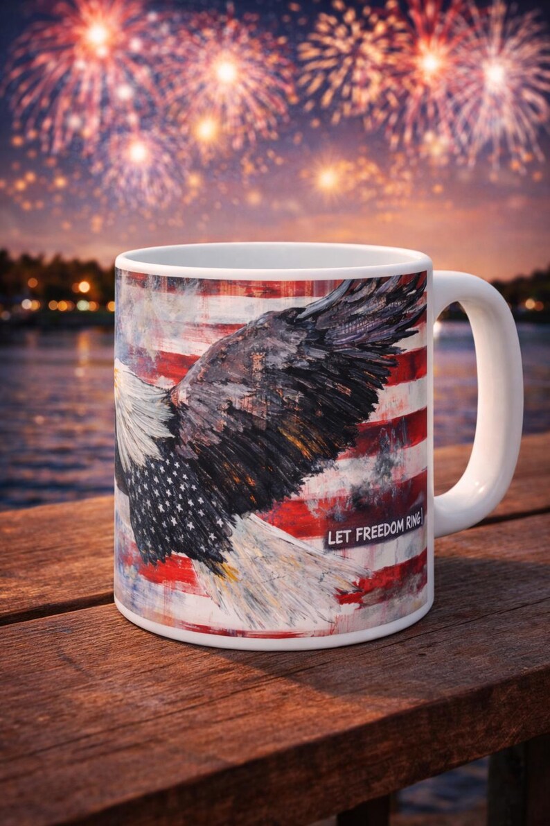 May include: White ceramic mug featuring an American flag design with a bald eagle and the text "LET FREEDOM RING." The mug has a white handle and is set against a blurred background of fireworks.