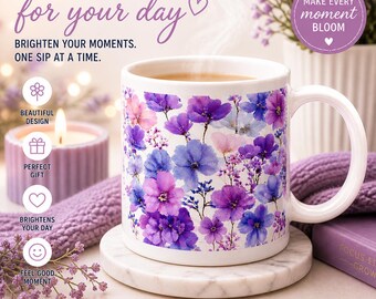 Purple Floral Watercolor Mug – 11 oz White Ceramic Coffee Cup