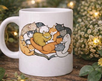 Cozy Sleeping Cats Mug – 11 oz White Ceramic Coffee Cup, Cat Lover, Home Tea