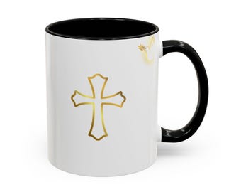 Gold Cross and Dove Accent Coffee Mug | Christian Religious Ceramic Mug