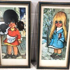 Michel Tomas Vintage French Big Eyed Girls Art Prints Framed Set of 2