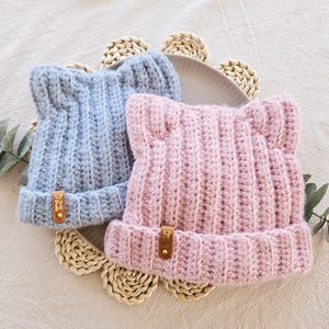 Katzenmütze mit Katzenohren gehäkelt für Kinder und Erwachsene in schwarz, weiß, rosa, blau