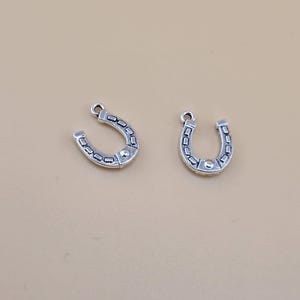 May include: Two silver horseshoe charms with a detailed design. The charms have a loop at the top for attaching to jewelry or other crafts.