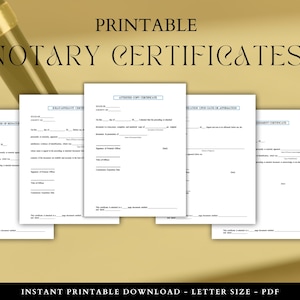 May include: Printable notary certificate templates. The image shows five different templates with headings for "Notary of Acknowledgement", "Affidavit of Correction", and "Affidavit of Support for Immigration".