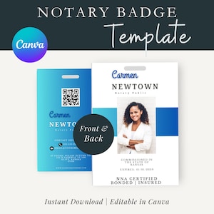 Puede incluir: Una plantilla de placa de notario en azul y blanco. La parte frontal muestra una foto, nombre y título. La parte posterior incluye información de contacto y un código QR. El logotipo de Canva es visible. El texto dice "Descarga instantánea | Editable en Canva."
