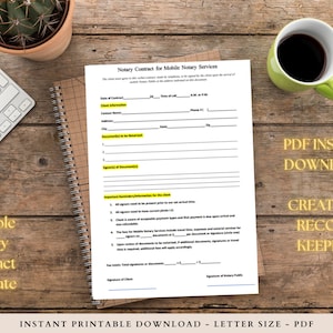 May include: Printable notary contract template in PDF format. The contract includes sections for client information, documents to be notarized, and signatures. The document is labeled "Instant Printable Download - Letter Size - PDF".