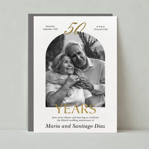 Invitación de aniversario moderna con foto, moderna y elegante, con mensaje sentimental, plantilla personalizable sin papel, descarga instantánea.