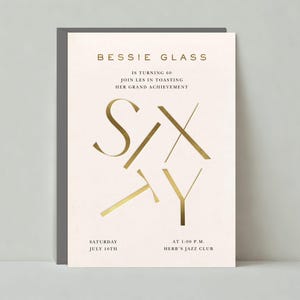 Plantilla de invitación para fiesta de cumpleaños personalizable sin papel / Negrita y tipográfica / Dorada, 60 / Descarga instantánea