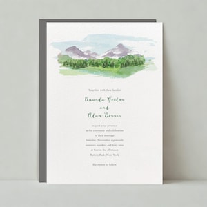 Plantilla de invitación de boda personalizable sin papel / Ilustrativa, rústica / Acuarela, escenas de montaña / Descarga instantánea