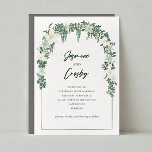 Modelo de convite de casamento personalizável sem papel | Boho, ilustrativo | Arco, vegetação, borda dourada | Download instantâneo