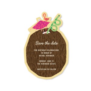 Papierloze post aanpasbare verjaardagssave-the-date-sjabloon | Cocktailparaplu, flamingo, cursief, kokosnoot, cocktail | Direct downloaden