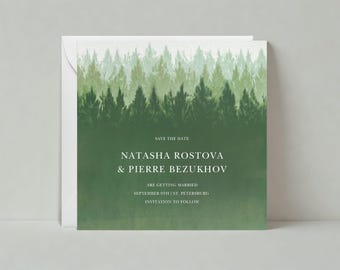 May include: Save the date card featuring a watercolour illustration of a forest in shades of green. The text reads "Save the Date, Natasha Rostova & Pierre Bezukhov, Are Getting Married, September 9th | St. Petersburg, Invitation to Follow."