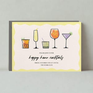 Papierloze post aanpasbare sjabloon voor happy hour-uitnodiging | lijntekening, drankjes, cocktailglas, geel, crème | Direct downloaden