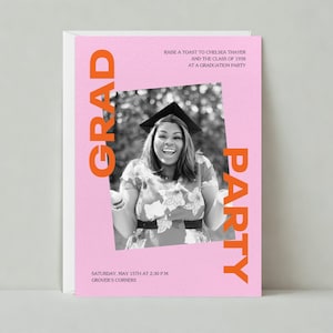 May include: Pink graduation party invitation with a photo of a person wearing a graduation cap and gown. The text on the invitation reads "GRAD PARTY" in orange and black letters. The text also includes the date and time of the party, "Saturday, May 15th at 2:30 PM", and the location, "Grover's Corners".