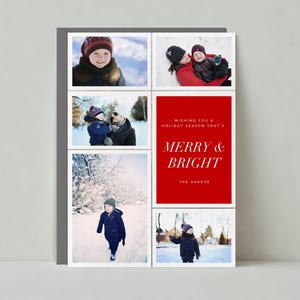 May include: A holiday card with a collage of family photos in a snowy setting. The card features the text "Merry & Bright" in white on a red background, with the family name below. The photos show children in winter clothing.