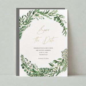Papierloze post aanpasbare bruiloft-save-the-date-sjabloon | Illustratief | Botanisch, gebladerte, aquarel, bladeren | Direct downloaden