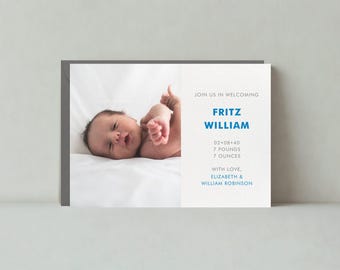 May include: A newborn baby boy named Fritz William, born on 02-08-40, weighing 7 pounds and 7 ounces. The announcement includes the text "Join us in welcoming Fritz William" and "With love, Elizabeth & William Robinson".