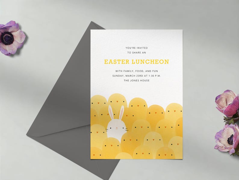 Paperless Post Customizable Easter Party Invitation Template | Chicks, Bunnies, Cute, Rabbits, White, Yellow, Brunch | Instant Download