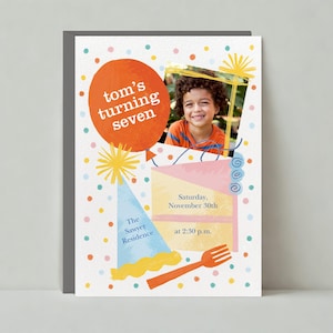 Paperless Post Anpassbare Kinder-Geburtstags-Party Einladung Vorlage | Geburtstagsmütze, Kuchen, Gabel, Konfetti Dot, Geschenk | Sofort Download