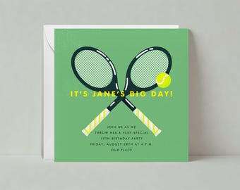 Papierloze post aanpasbare sjabloon voor kinderverjaardagsfeestje | Grafisch | Tennis, tennisrackets, atletiek | Direct downloaden