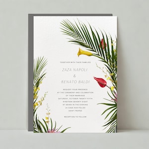 Papierloze post aanpasbare sjabloon huwelijksuitnodiging | Retro, illustratief | Stelen, bloemblaadjes, palmbladeren | Direct downloaden