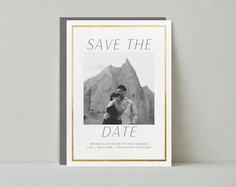 Paperless Post Customizable Wedding Save The Date Template | Calendar, Photo, Border, Simple, White, Gold | Instant Download