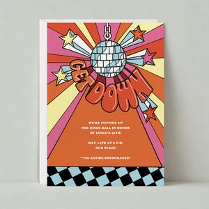 Modelo de convite de festa de aniversário personalizável sem papel | Retrô | Ilustrações, Disco, Festa de aniversário dos anos 1970 | Download instantâneo