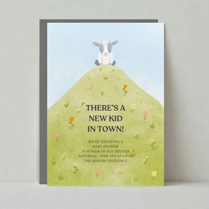 Paperless Post Anpassbare Babypartyeinladungsvorlage | Illustrativ | Ziege, Gras, Wolken, Tiere, Niedlich, Pastell | Sofort Download