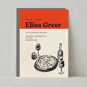 Papierloze post aanpasbare sjabloon uitnodiging verjaardagsfeestje | Grafisch, illustratief | Pizzaparty, wijn | Direct downloaden