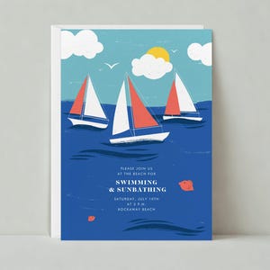 Papierloze post aanpasbare sjabloon voor feestuitnodiging | Golven, races, oceanen, zeilen, blauw, nautisch | Direct downloaden