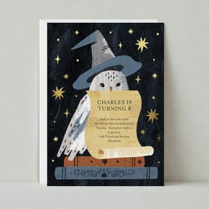 May include: A whimsical birthday invitation featuring a white owl wearing a blue wizard hat and holding a scroll with the text "Charles is turning 8". The owl is perched on top of a stack of books against a dark blue background with gold stars.