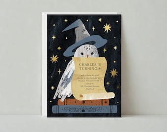 Invitación para fiesta de cumpleaños infantil / Sombrero de bruja, magia, libros, búhos / Plantilla personalizable para publicación sin papel / Descarga instantánea