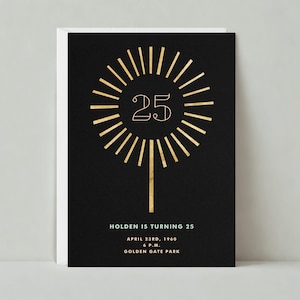 Invitación a fiesta de cumpleaños importante / Diseño tipográfico llamativo / Negro y dorado / Plantilla personalizable para publicación sin papel / Descarga instantánea