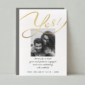 Plantilla de invitación para fiesta de compromiso personalizable sin papel / Negrita y tipográfica / Escritura, sí, foto, cursiva / Descarga instantánea