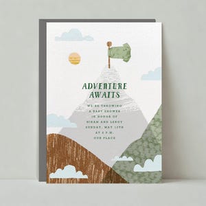 Uitnodiging babyshower | Illustratief | Avontuur, bergen, buiten, groen | Aanpasbare sjabloon papierloze post | Direct downloaden
