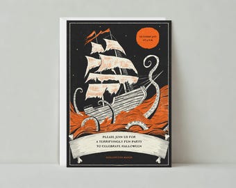 Halloween Party Invitation | Pirate Ships, Spooky, Squid |Paperless Post Customizable Template | Instant Download
