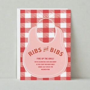 Paperless Post Anpassbare Babypartyeinladungsvorlage | Picknickdecken, Lätzchen, kariert, rosa, Essen und Trinken | Sofort Download