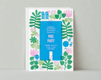 Pool Party Invitation | Cheerful And Vibrant | Kids Birthday, Lawn Chair, Ferns |Paperless Post Customizable Template | Instant Download
