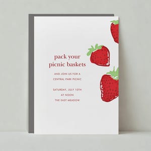 Papierloze post aanpasbare sjabloon uitnodiging picknickfeest | Vermakelijk zomer, bessen, aardbei | Direct downloaden