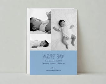 May include: A black and white photo announcement card with three photos of a baby. The card has a blue background with the text "MARGARET SIMON born january 11, 1970 7 pounds, 9 ounces 11 inches with love, barbara and herbert"