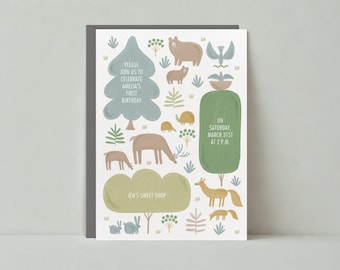 First Birthday And Baby Party Invitation | Woodland Animals, Forest Animals |Paperless Post Customizable Template | Instant Download