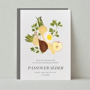 Plantilla de invitación para fiesta de Pascua personalizable sin papel / Sal, perejil, platos, séders, manzanas, mesa, comidas / Descarga instantánea